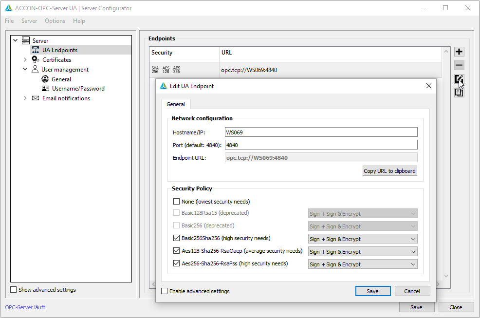 ACCON-OPC-Server UA Server Configurator: Edit UA Endpoint